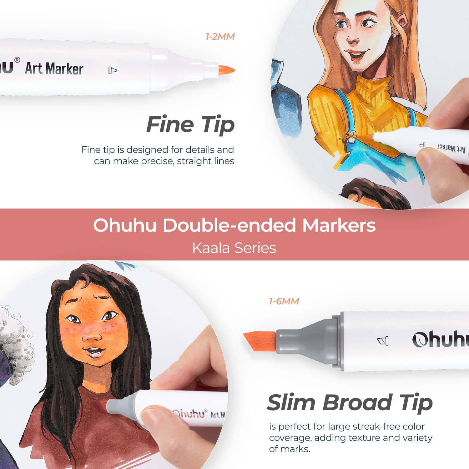 Ohuhu Kaala Slim Broad and Fine Dual Tips Alcohol Art Markers-24 Color Skin Tone - Image 4
